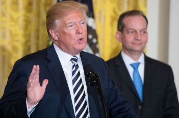 President Trump speaks alongside Labor Secretary Alexander Acosta on May 2, 2018. DOL Chief of Staff Nicholas Geale is leaving the department at the end of May 2019, following a White House probe into allegations that Geale mistreated staff and misled the administration on agency progress.