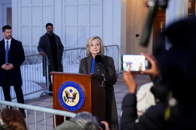 Former Secretary of State talks to reporters in Chappaqua, N.Y.  