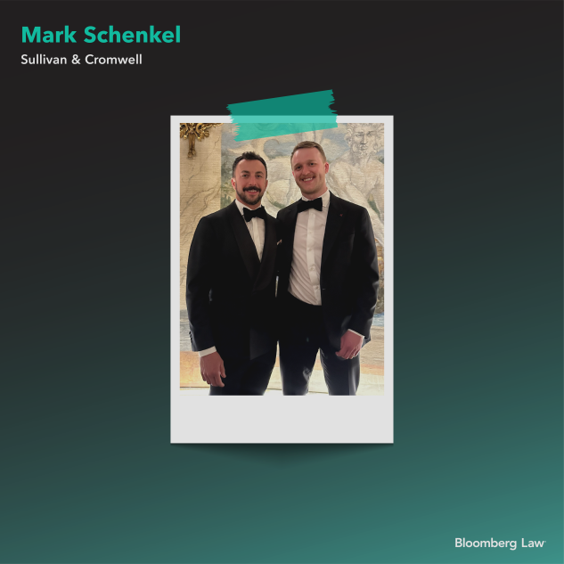 Mark Schenkel of Sullivan & Cromwell with his fiancé, Alex Whitaker, on the day of their engagement.