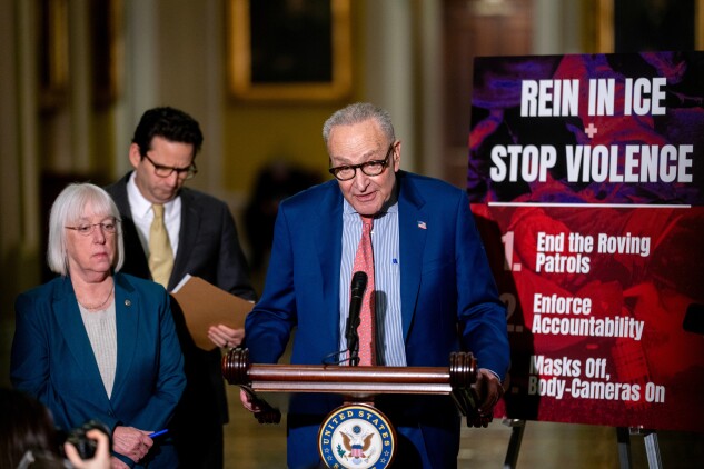 Senate Democratic leaders at a press conference amid a policy and funding standoff over immigration enforcement. 