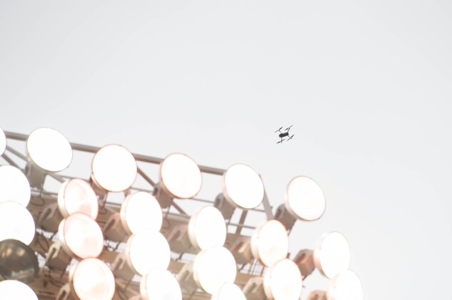 A drone flies over Fenway Park during a game between the Tampa Bay Rays and the Boston Red Sox, causing a short delay on Aug. 13, 2020, in Boston.