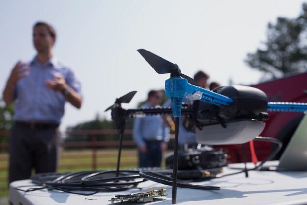 A drone featuring a low altitude tracking and avoidance system is prepared for a demonstration in Durham, N.C., in 2015.
