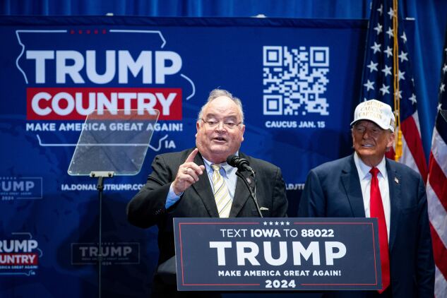 Former Rep. Billy Long, a Republican from Missouri, speaks during a campaign event with President Donald Trump at Simpson College in Indianola, Iowa, last January.