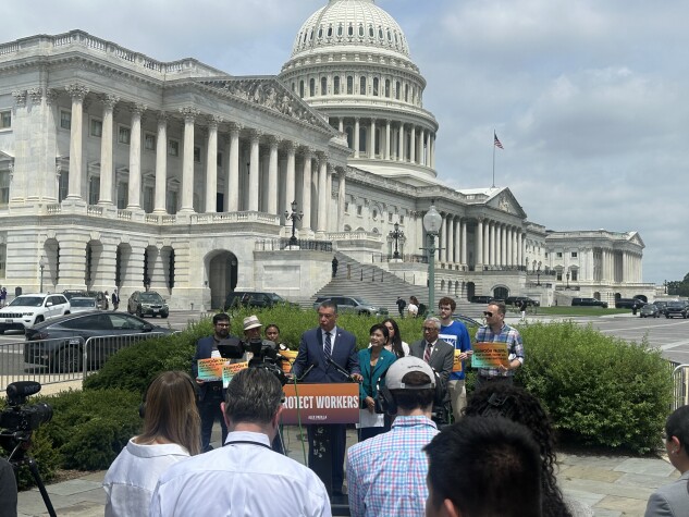 Democratic lawmakers, union workers announce legislation to protect workers from extreme heat outside the US Capitol Building.