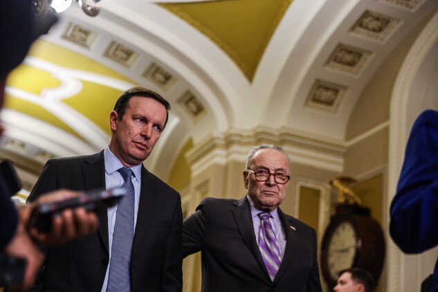 Sen. Chris Murphy, (D-Conn.)  and Senate Majority Leader Chuck Schumer (D-N.Y.)  during a news conference following the weekly Democratic caucus luncheon at the Capitol  on  Feb. 6. Murphy joins Senate leadership in the 119th Congress.