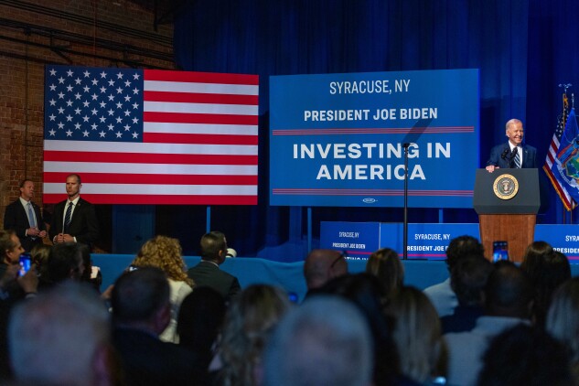 President Joe Biden, right, at the Milton J. Rubenstein Museum of Science and Technology in Syracuse, New York on April 25. The US plans to award Micron Technology Inc. $6.1 billion in grants and as much as $7.5 billion in loans to help the memory-chip maker build new American factories, rounding out a slew of major federal awards for advanced semiconductor manufacturing. 