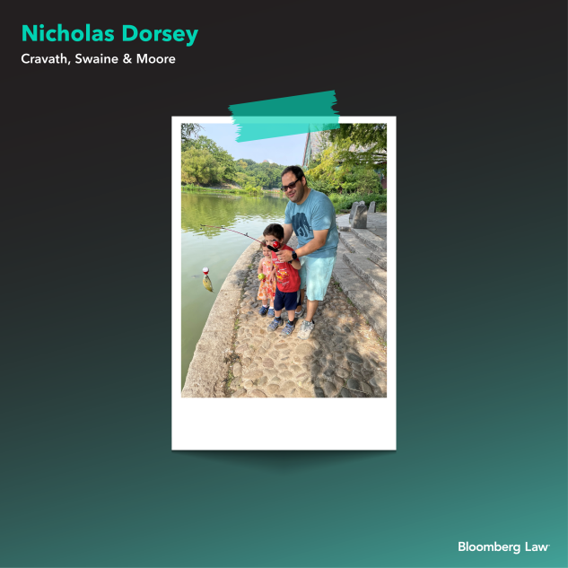 Nicholas Dorsey of Cravath, Swaine & Moore with son and daughter fishing.