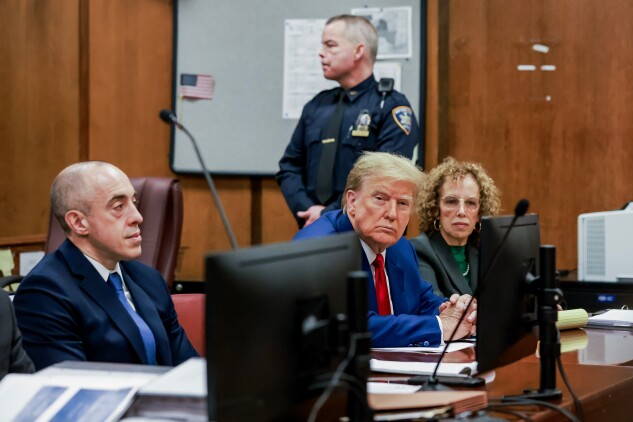 Donald Trump with his attorneys Susan Necheles and Emil Bove on March 25, 2024. 