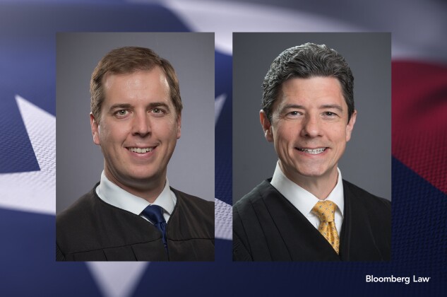 Texas Supreme Court Justices Jimmy Blacklock, left, and Brett Busby.