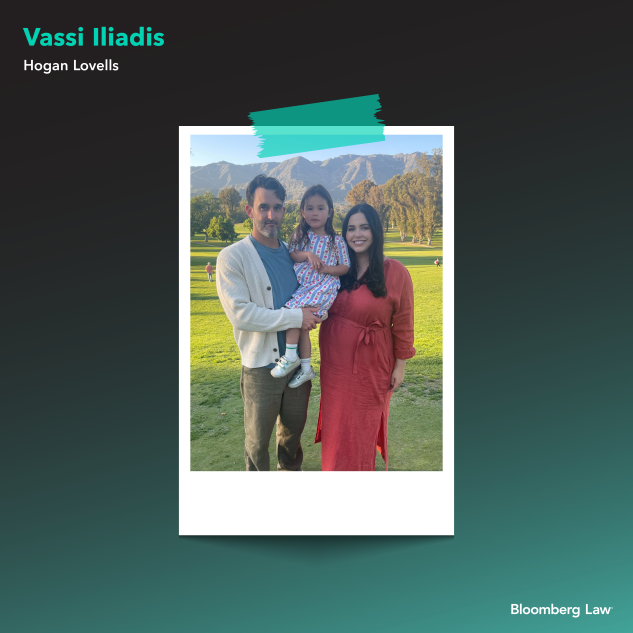 Vassi Iliadis of Hogan Lovells and her husband, Dash Hawkins, and their daughter, Vivian, on holiday in April 2025 at the Ojai Valley Inn. She is pregnant with her second daughter—Olympia—in this photo.