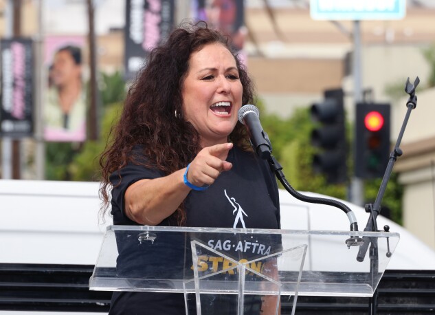 Lorena Gonzalez speaks at a September 2023 rally for striking members of SAG-AFTRA and WGA (Writers Guild of America).