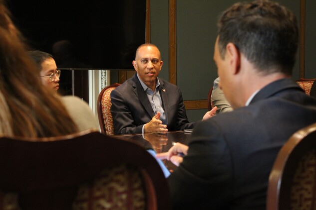 House Democratic Leader Hakeem Jeffries speaks with Bloomberg Government reporters at the US Capitol on Sept. 24, 2025.