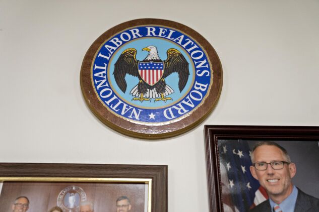 The National Labor Relations Board seal is displayed at the headquarters in Washington, D.C., on Sept. 30, 2019. 