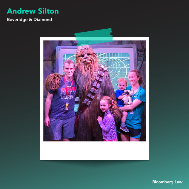 Drew Silton of Beveridge & Diamond and his family meet Chewbacca at Walt Disney World in 2024.