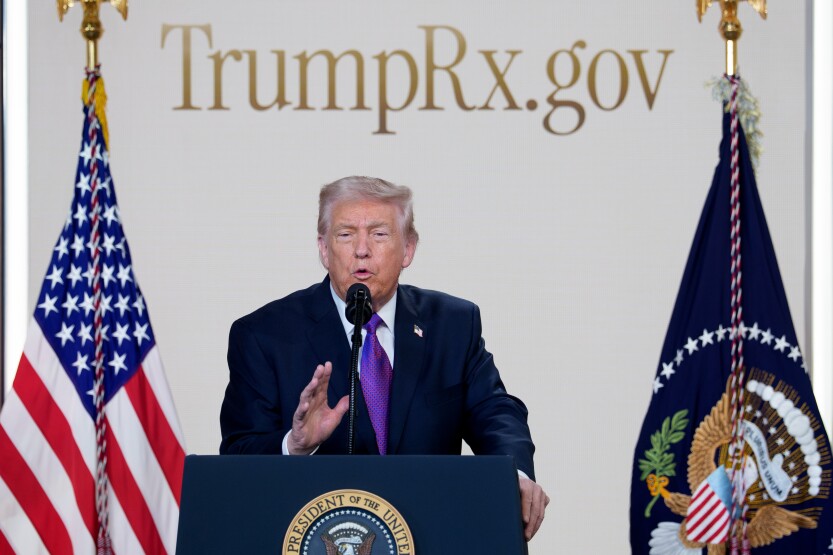 US President Donald Trump speaks in the South Court Auditorium of the Eisenhower Executive Office Building at the White House in Washington, DC, US, on Thursday, Feb. 5, 2026. Trump launched a new website to help Americans directly buy select medicines at a discount, seeking to counter cost-of-living concerns that pose a threat to his party in November's congressional elections. 