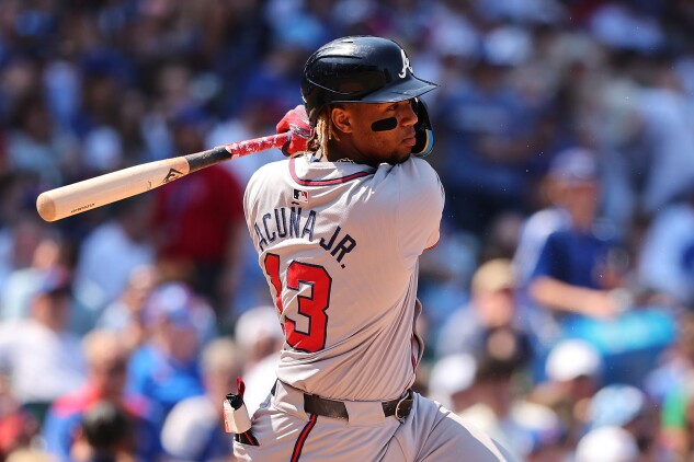 Ronald Acuña Jr. of the Atlanta Braves at bat against the Chicago Cubs at Wrigley Field.